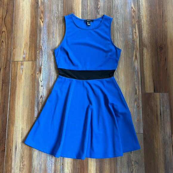 NWT Forever 21 Royal Blue Sleeveless Mini Dress -Black Net Insert at Waist Sz S - Picture 2 of 6